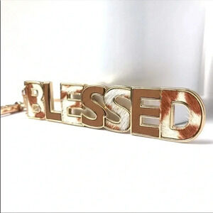 Genuine leather gold tone cattle animal print BLESSED key chain